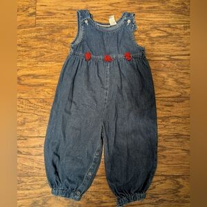 Vintage Denim Jumpsuit With‎ Red Flower Detail